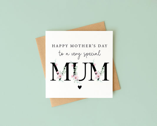 Mother's day card to a very special mum pink black magnolia floral letters card with Envelope