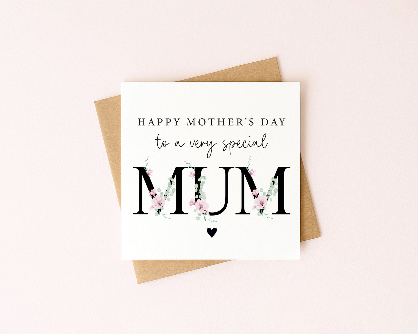Mother's day card to a very special mum pink black magnolia floral letters card with Envelope
