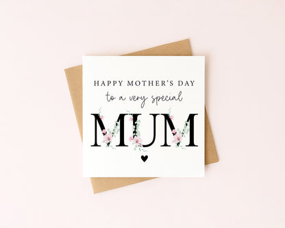 Mother's day card to a very special mum pink black magnolia floral letters card with Envelope