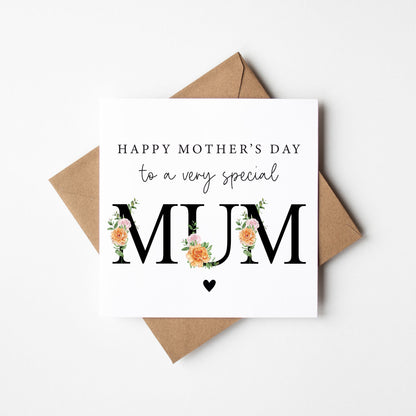 Mother's day card to a very special mum orange green black floral letters card