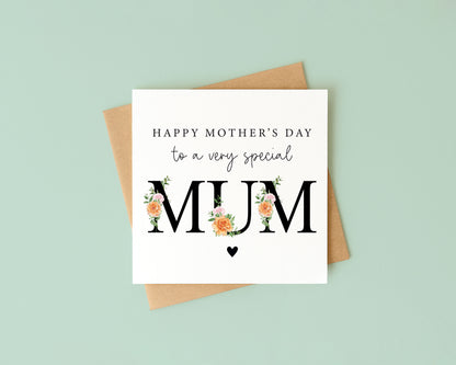Mother's day card to a very special mum orange green black floral letters card