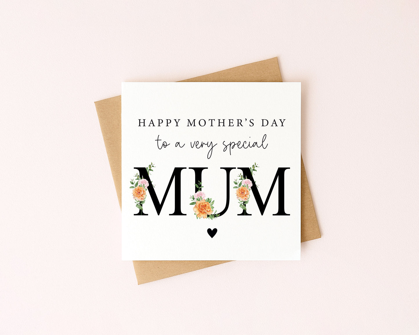 Mother's day card to a very special mum orange green black floral letters card