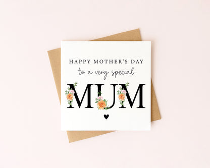Mother's day card to a very special mum orange green black floral letters card