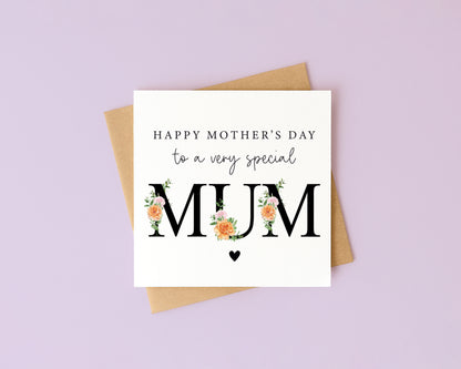 Mother's day card to a very special mum orange green black floral letters card