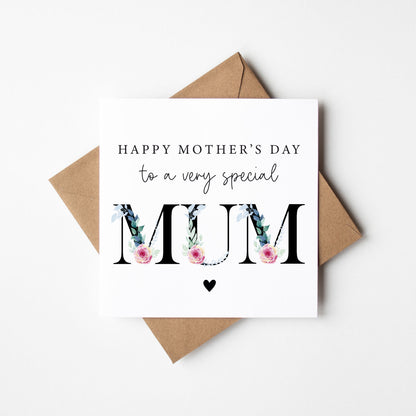 Mother's day card to a very special mum pink blue green floral letters card with envelope