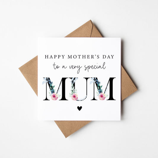 Mother's day card to a very special mum pink blue green floral letters card with envelope