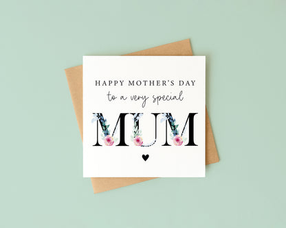 Mother's day card to a very special mum pink blue green floral letters card with envelope