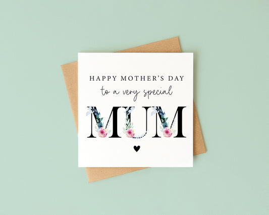 Mother's day card to a very special mum pink blue green floral letters card with envelope