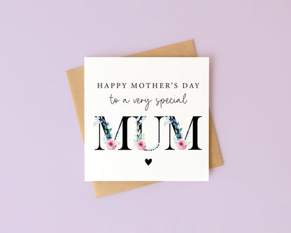 Mother's day card to a very special mum pink blue green floral letters card with envelope