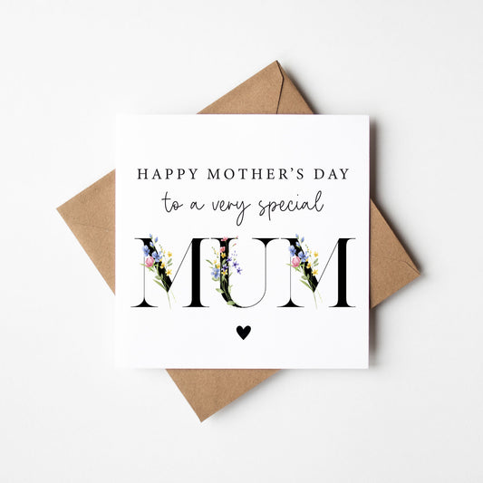 Mother's day card to a very special mum black wildflower blue yellow pink letters card with envelope