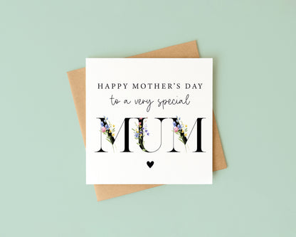 Mother's day card to a very special mum black wildflower blue yellow pink letters card with envelope