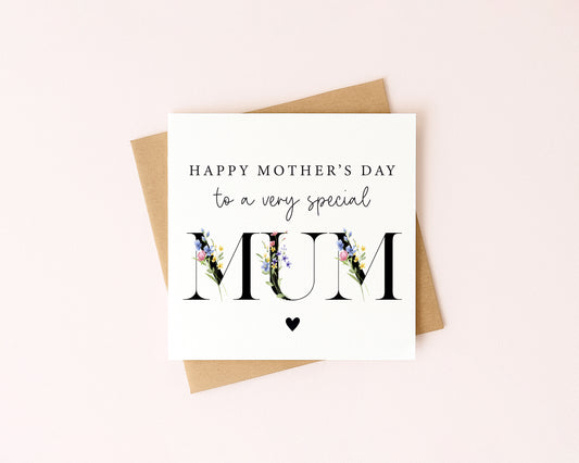 Mother's day card to a very special mum black wildflower blue yellow pink letters card with envelope