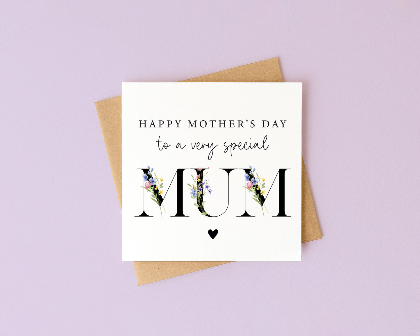 Mother's day card to a very special mum black wildflower blue yellow pink letters card with envelope