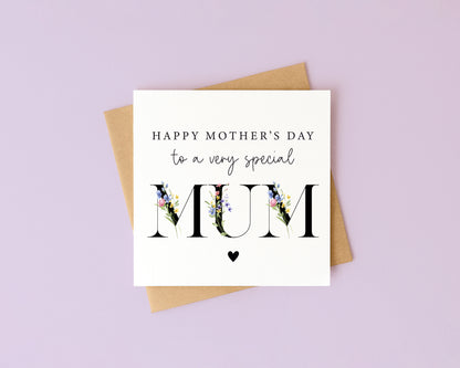 Mother's day card to a very special mum black wildflower blue yellow pink letters card with envelope