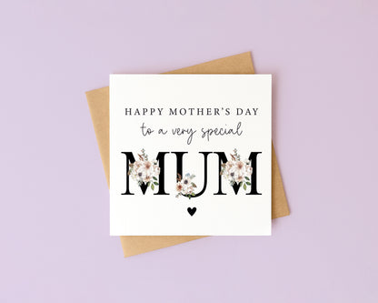 Mother's day card to a very special mum black magnolia floral letters card with envelope