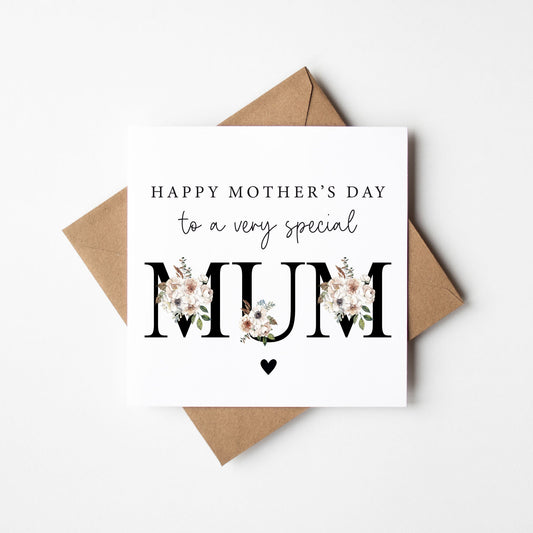 Mother's day card to a very special mum black magnolia floral letters card with envelope