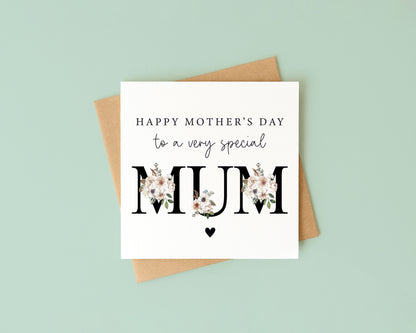 Mother's day card to a very special mum black magnolia floral letters card with envelope
