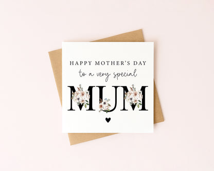 Mother's day card to a very special mum black magnolia floral letters card with envelope