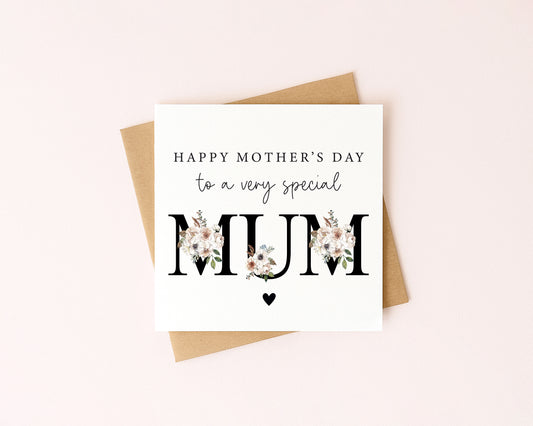 Mother's day card to a very special mum black magnolia floral letters card with envelope