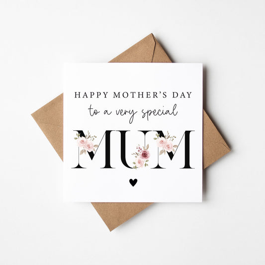 Mother's day card to a very special mum black pink floral letters card with envelope