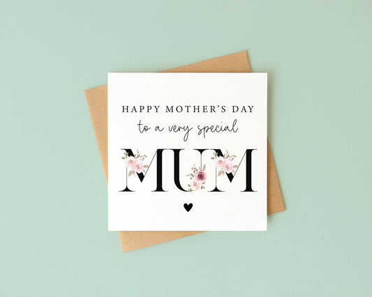 Mother's day card to a very special mum black pink floral letters card with envelope