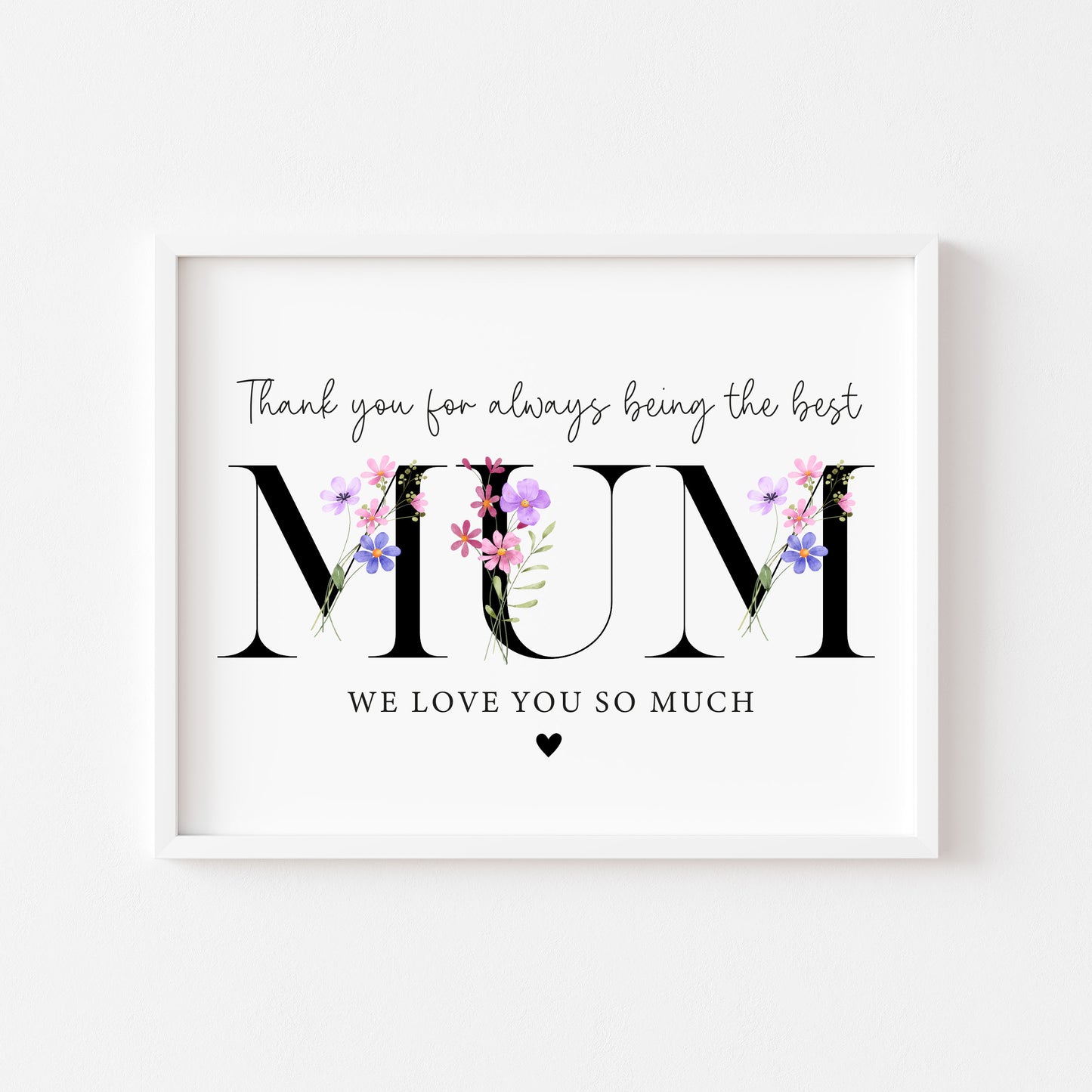 Floral Mum Print, pink purple Mother's Day Gift, Personalised Mum Wall Art (unframed)
