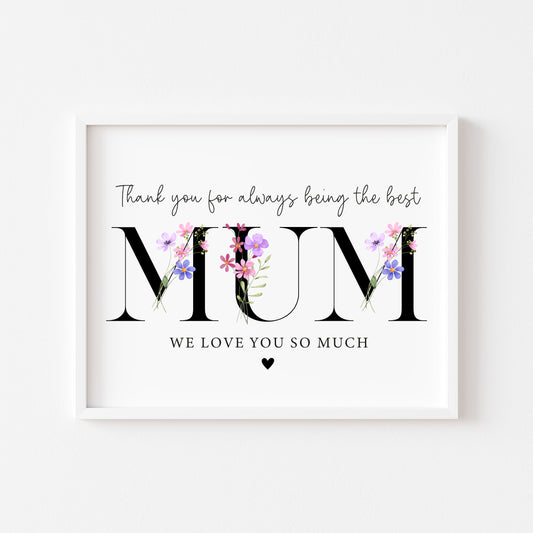 Floral Mum Print, pink purple Mother's Day Gift, Personalised Mum Wall Art (unframed)