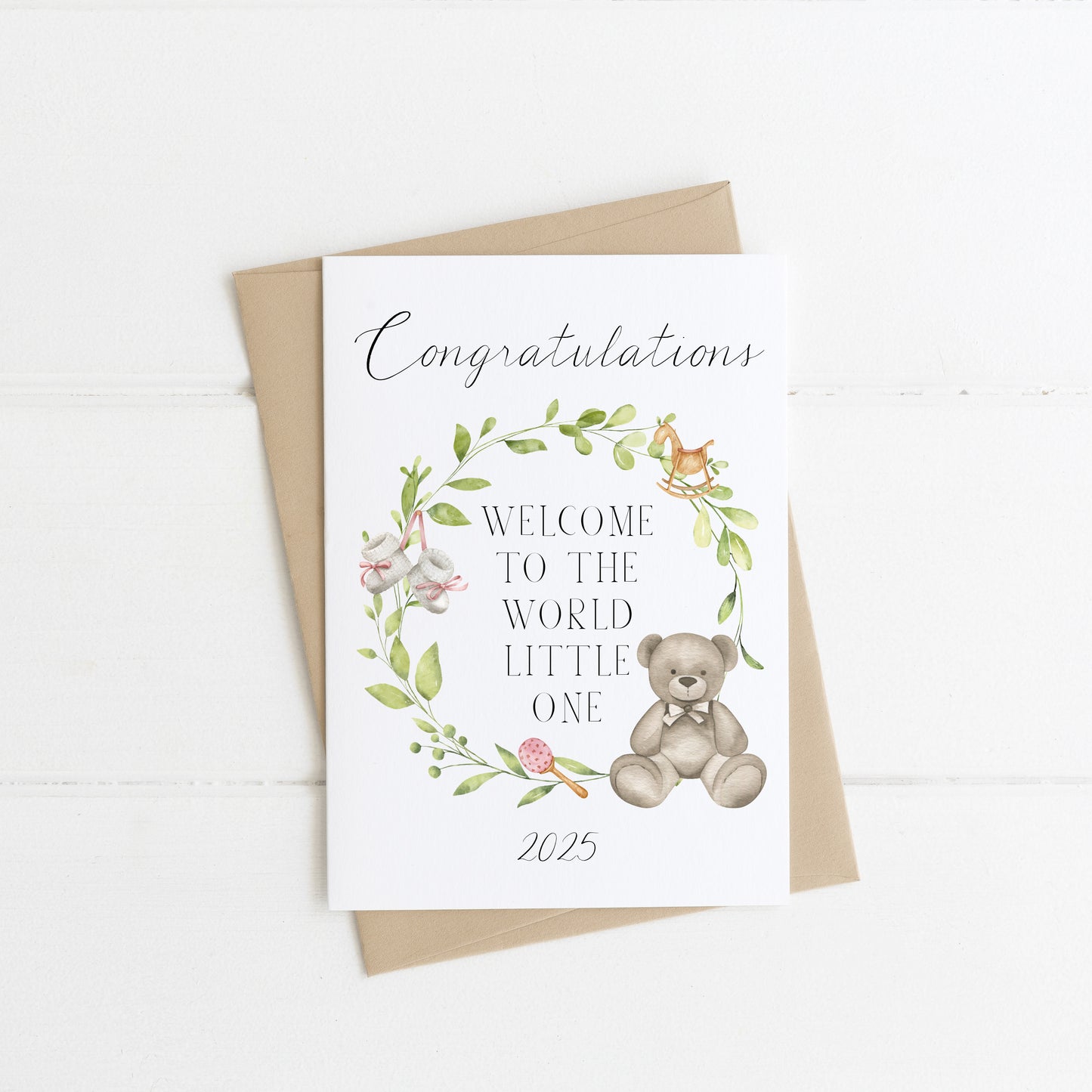 New Baby, congratulations welcome to the world little one blue beige or pink boy girl watercolour wreath new baby card with envelope,kraft brown or white