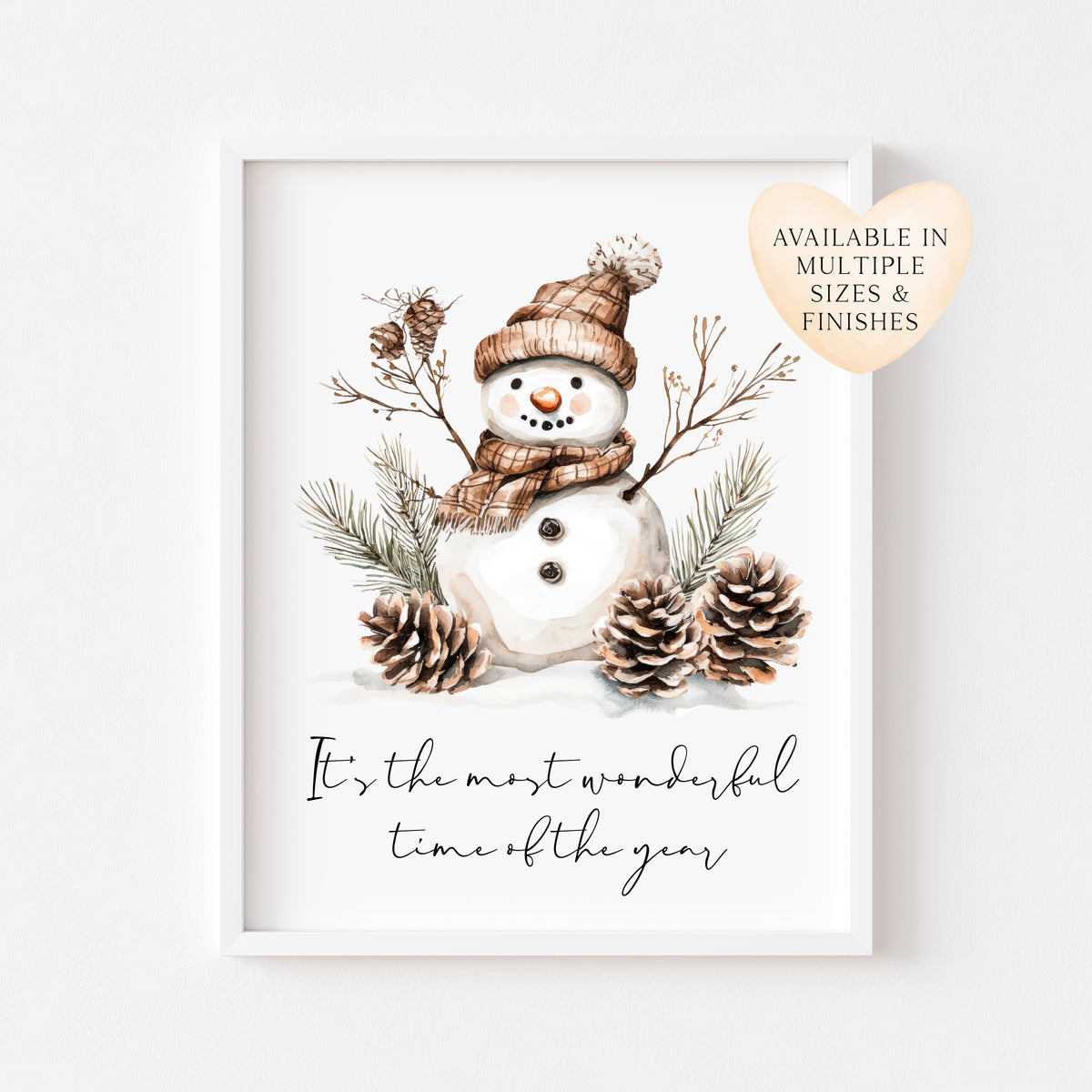 It's the most wonderful time of the year neutral beige brown snowman winter foliage unframed wall art poster print