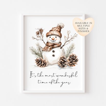 It's the most wonderful time of the year neutral beige brown snowman winter foliage unframed wall art poster print
