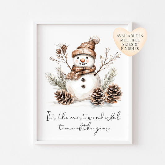 It's the most wonderful time of the year neutral beige brown snowman winter foliage unframed wall art poster print