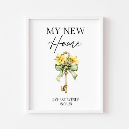 Personalised First / New Home Print Floral key New House Gift, Wall Art (unframed)