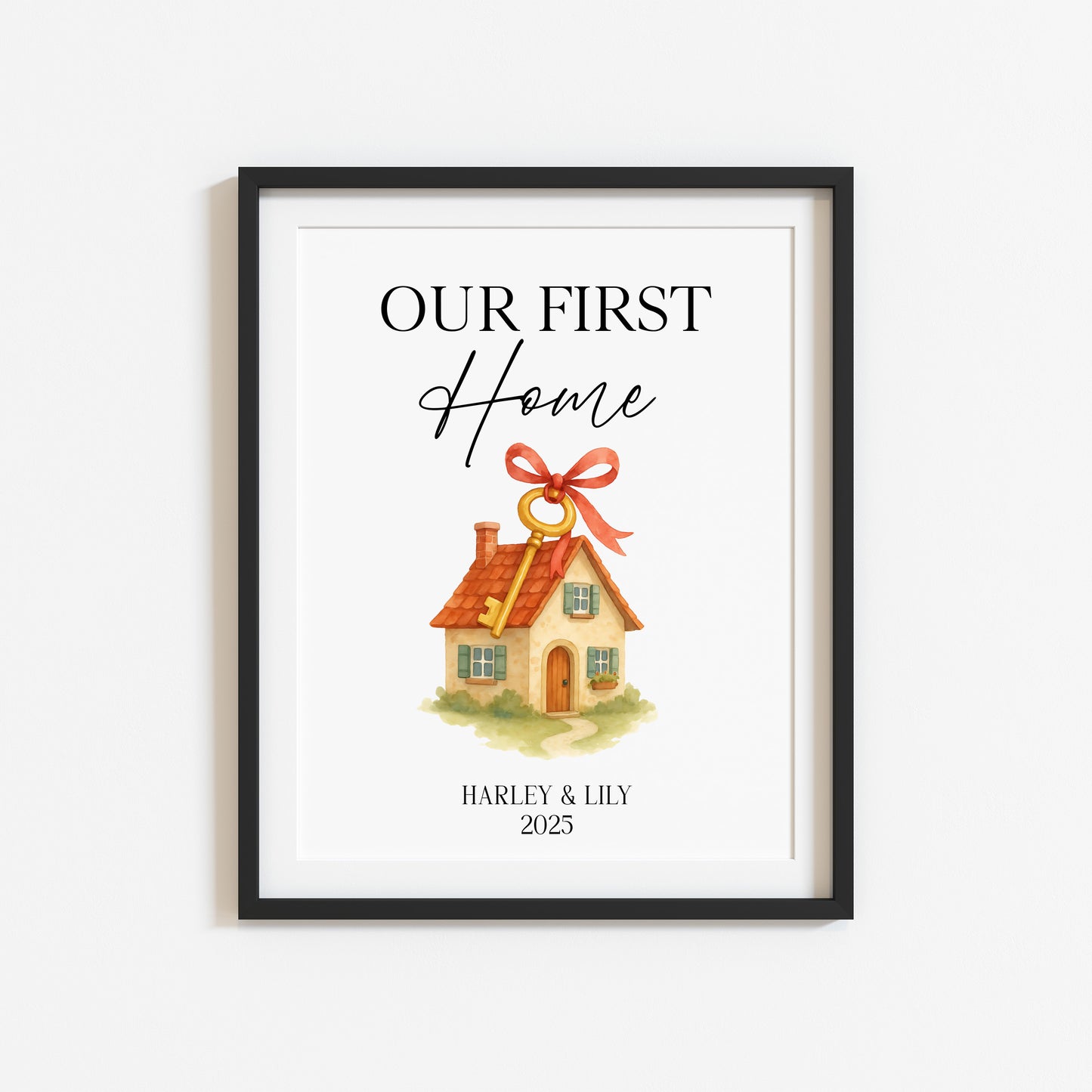 Personalised First / New Home Print red ribbon key New House Gift, Wall Art (unframed)