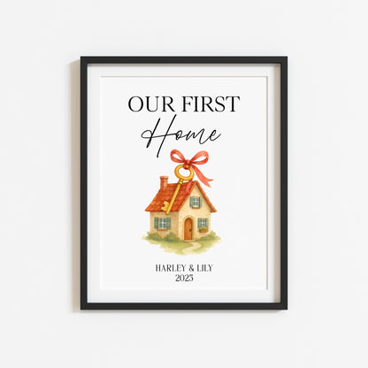 Personalised First / New Home Print red ribbon key New House Gift, Wall Art (unframed)
