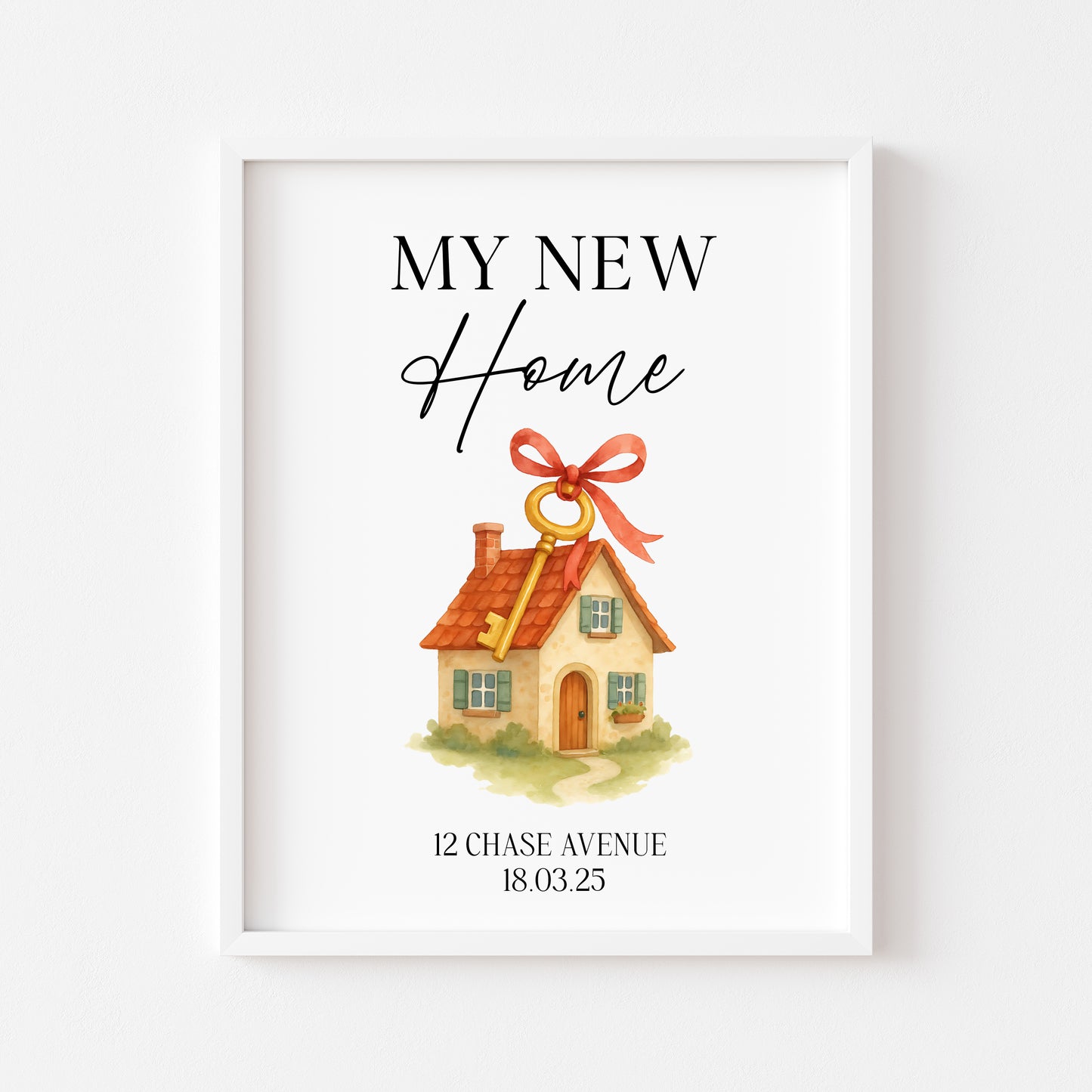 Personalised First / New Home Print red ribbon key New House Gift, Wall Art (unframed)