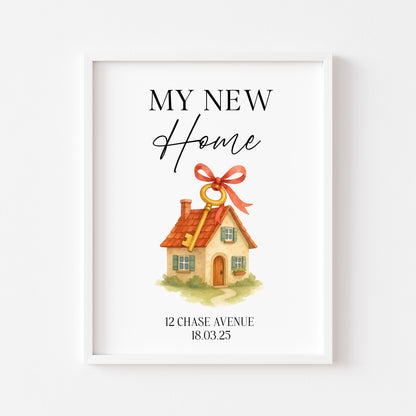 Personalised First / New Home Print red ribbon key New House Gift, Wall Art (unframed)