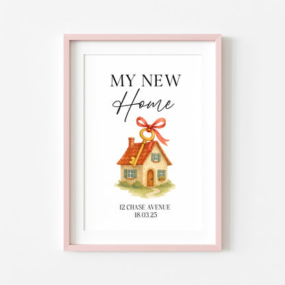 Personalised First / New Home Print red ribbon key New House Gift, Wall Art (unframed)