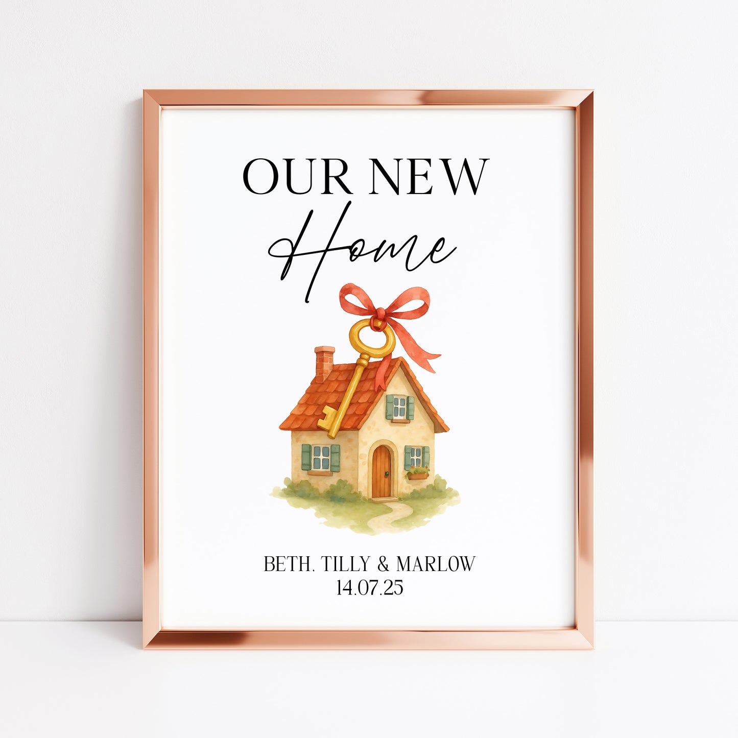 Personalised First / New Home Print red ribbon key New House Gift, Wall Art (unframed)