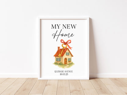 Personalised First / New Home Print red ribbon key New House Gift, Wall Art (unframed)