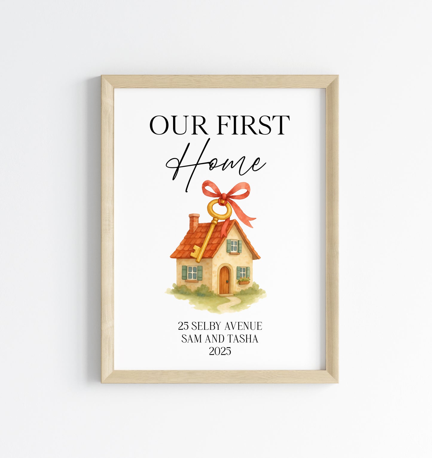 Personalised First / New Home Print red ribbon key New House Gift, Wall Art (unframed)