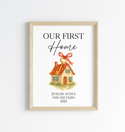 Personalised First / New Home Print red ribbon key New House Gift, Wall Art (unframed)