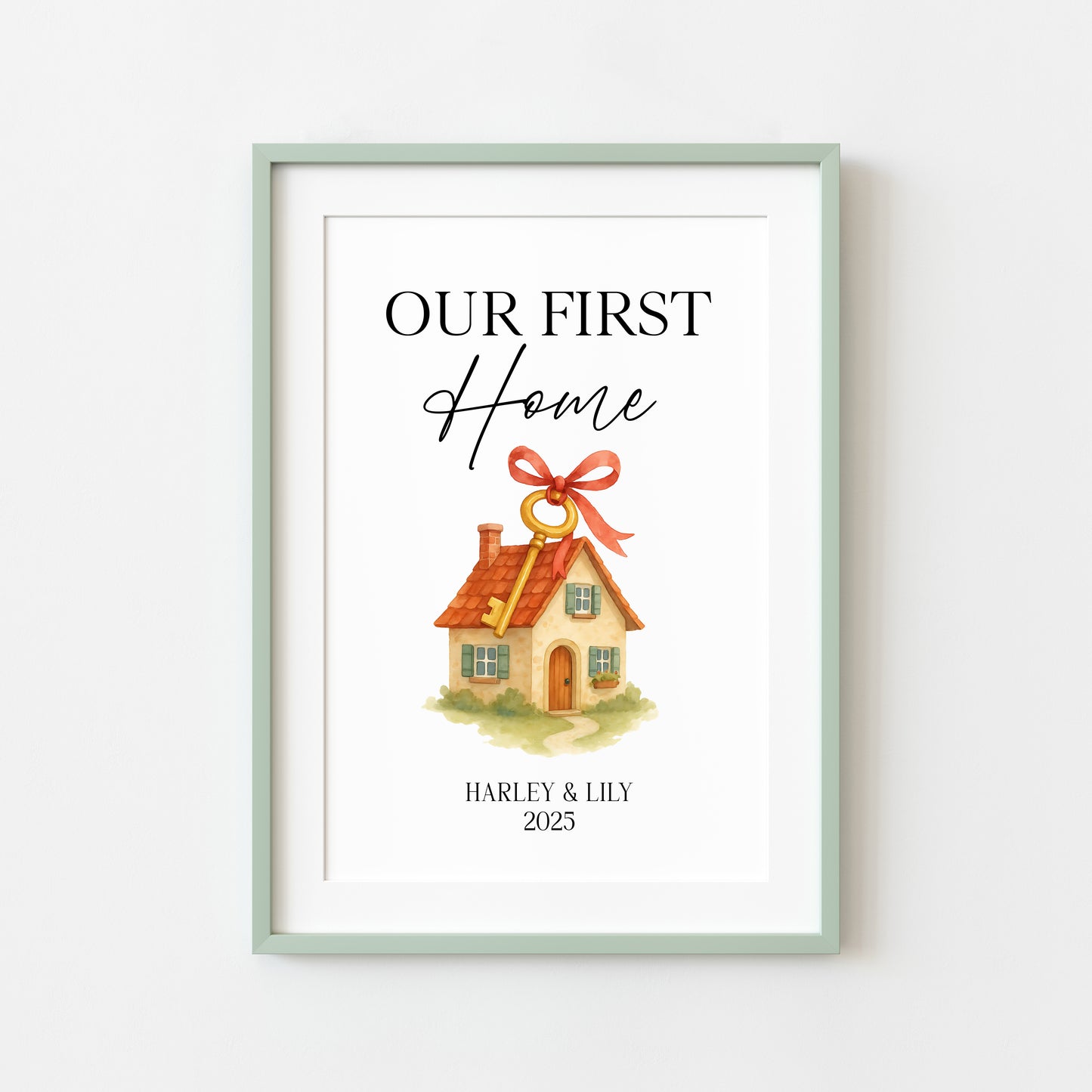 Personalised First / New Home Print red ribbon key New House Gift, Wall Art (unframed)