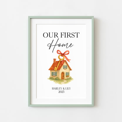 Personalised First / New Home Print red ribbon key New House Gift, Wall Art (unframed)