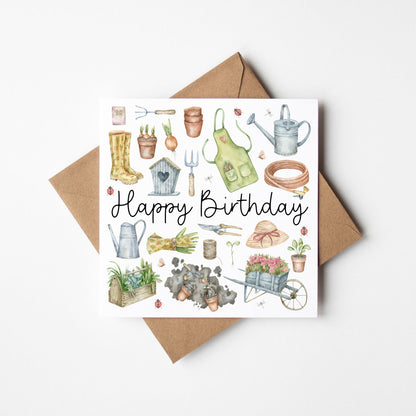 Gardening Birthday Card Watercolour mood board Design with Kraft Envelope