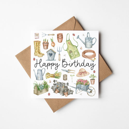 Gardening Birthday Card Watercolour mood board Design with Kraft Envelope