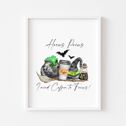 Hocus Pocus I need Coffee to focus! kitchen halloween illustration unframed wall art poster print