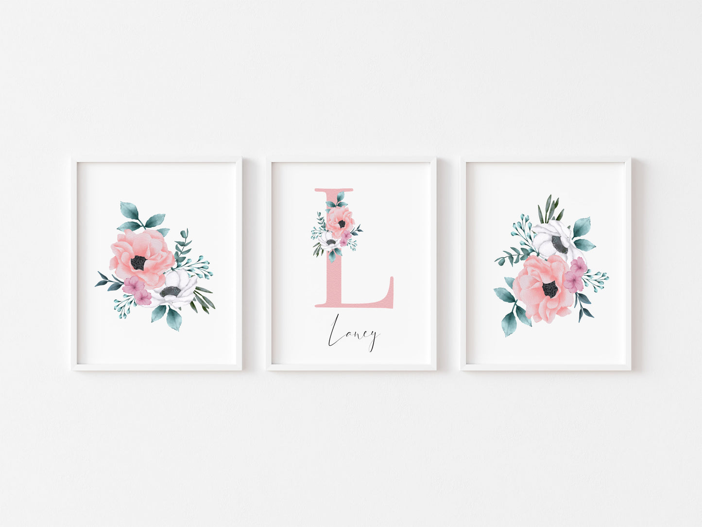 Set of 3 personalised name initial floral bedroom girls set of unframed wall art poster prints