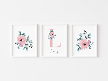Set of 3 personalised name initial floral bedroom girls set of unframed wall art poster prints