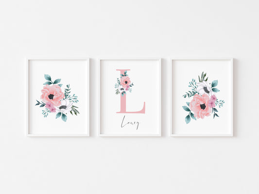 Set of 3 personalised name initial floral bedroom girls set of unframed wall art poster prints