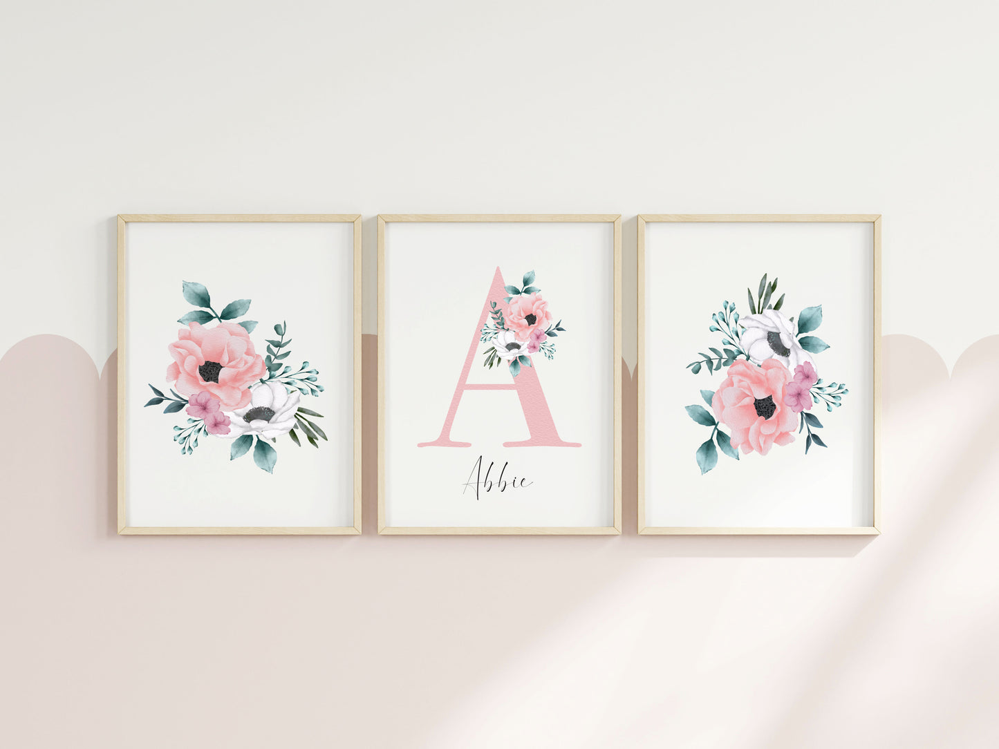 Set of 3 personalised name initial floral bedroom girls set of unframed wall art poster prints